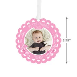 Hallmark Baby’s First Christmas Pink Scalloped Personalized Text And Photo Metal Ornament -Hallmark Babys First Personalized Round Christmas Ornament 1OFM1004B2 03